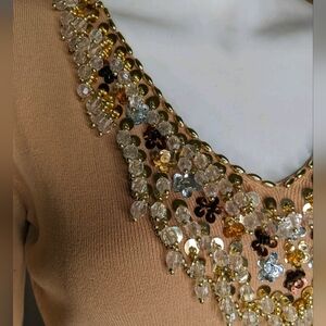 Vintage Joseph A Sweater Beaded Vneck Brown Embellished 3/4 Sleeves M Thin Knit